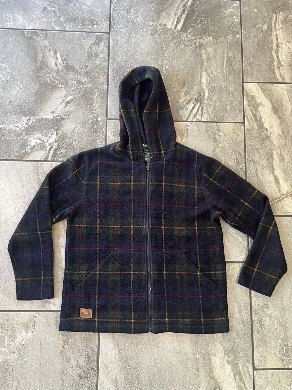 💙 Lauren Ralph Lauren Petite Vintage Fleece Flannel Print Zippered Sweatshirt